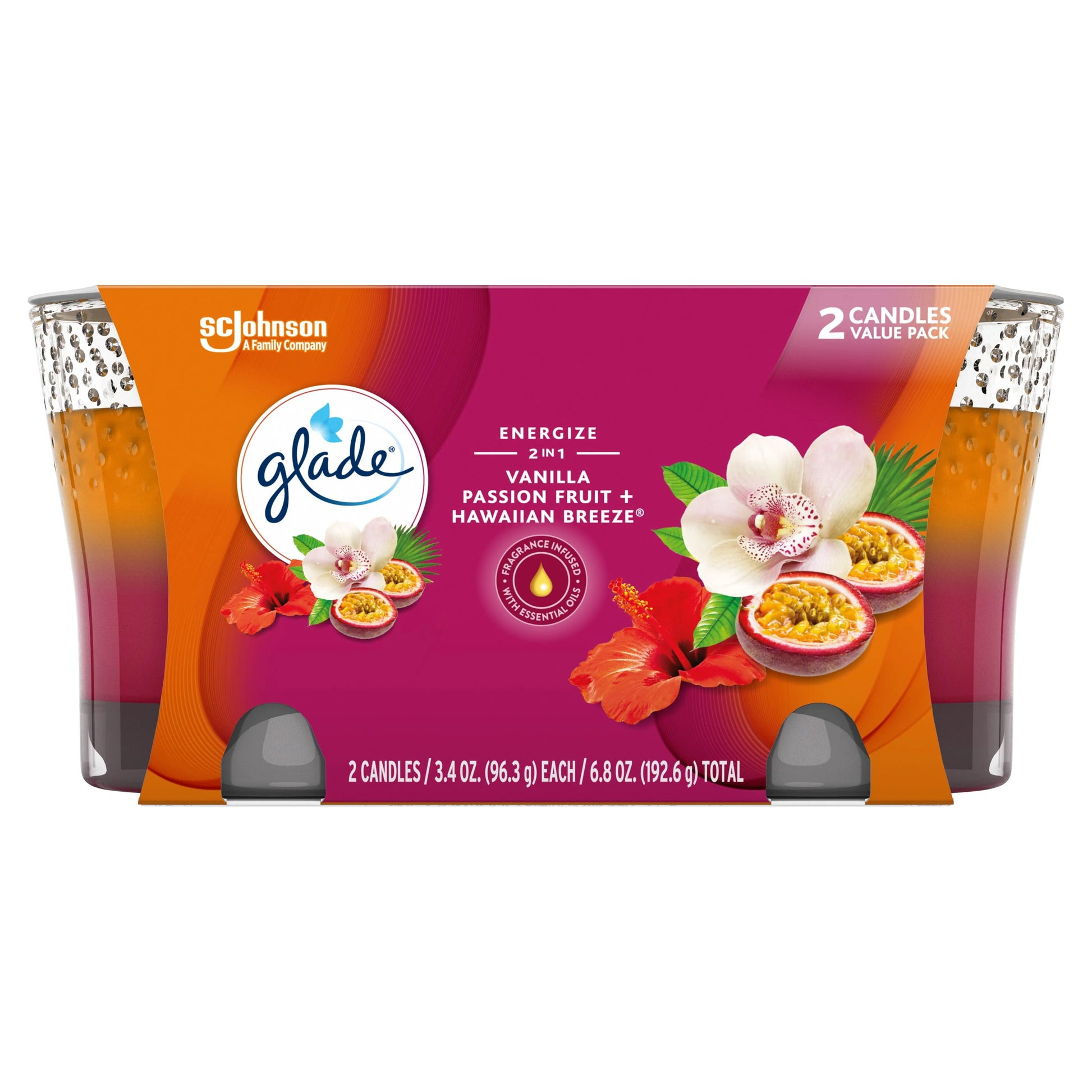 Glade 2in1 Jar Candle 2 ct, Hawaiian Breeze & Vanilla Passion Fruit, 6.8 oz. Total, Air Freshener, Wax Infused with Essential Oils