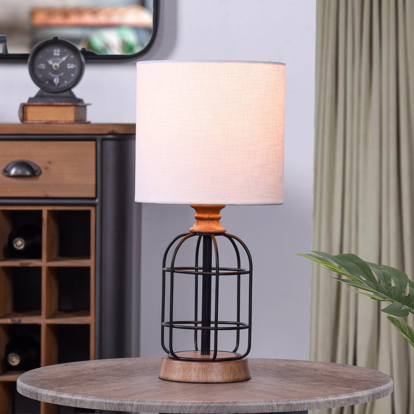 Mainstays Black Metal Cage Table Lamp with Wood Accents and Drum Shade, 17"
