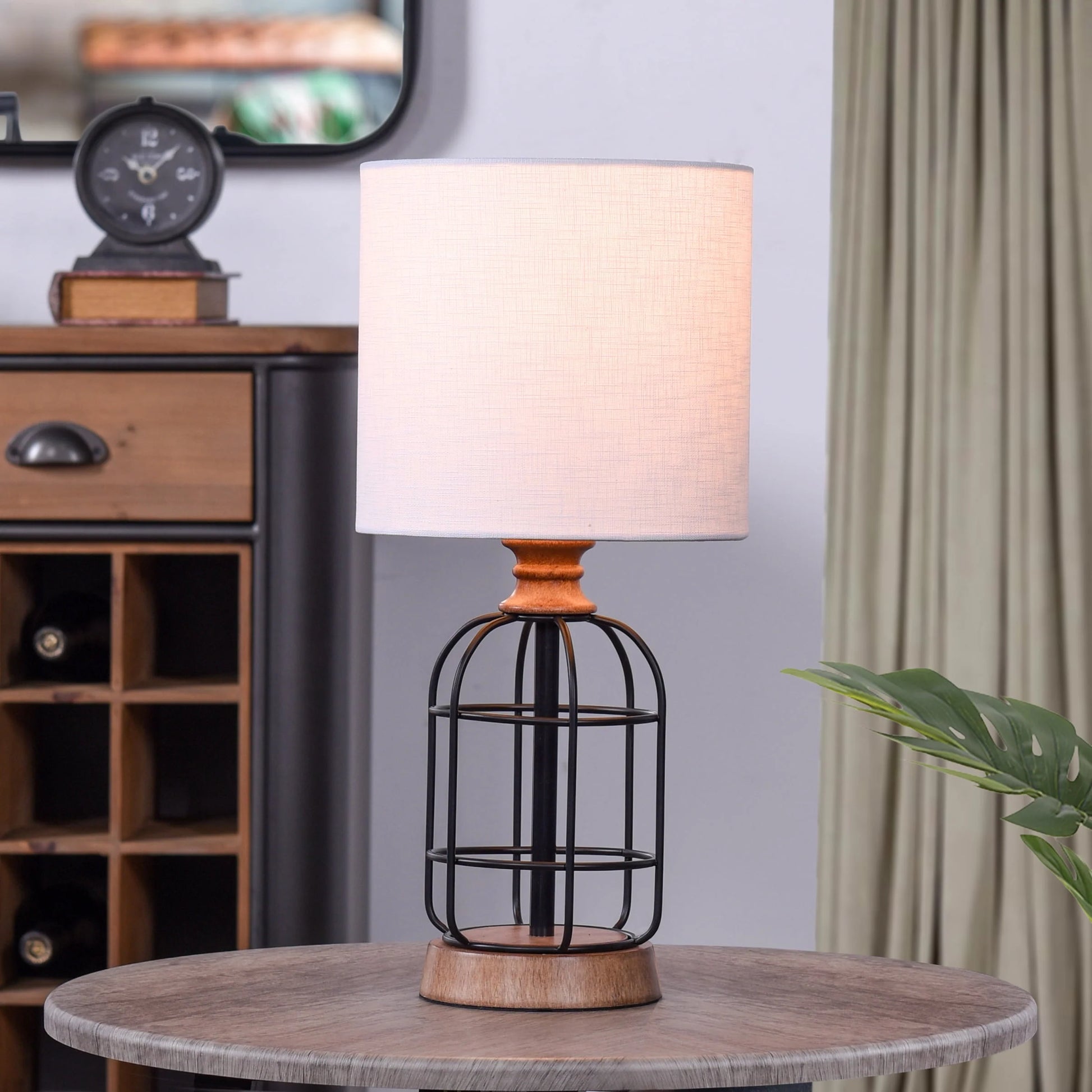 Mainstays Black Metal Cage Table Lamp with Wood Accents and Drum Shade, 17"