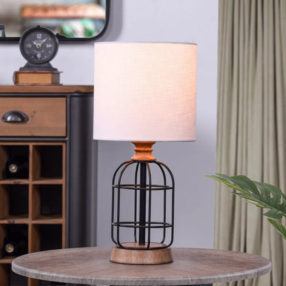 Mainstays Black Metal Cage Table Lamp with Wood Accents and Drum Shade, 17"