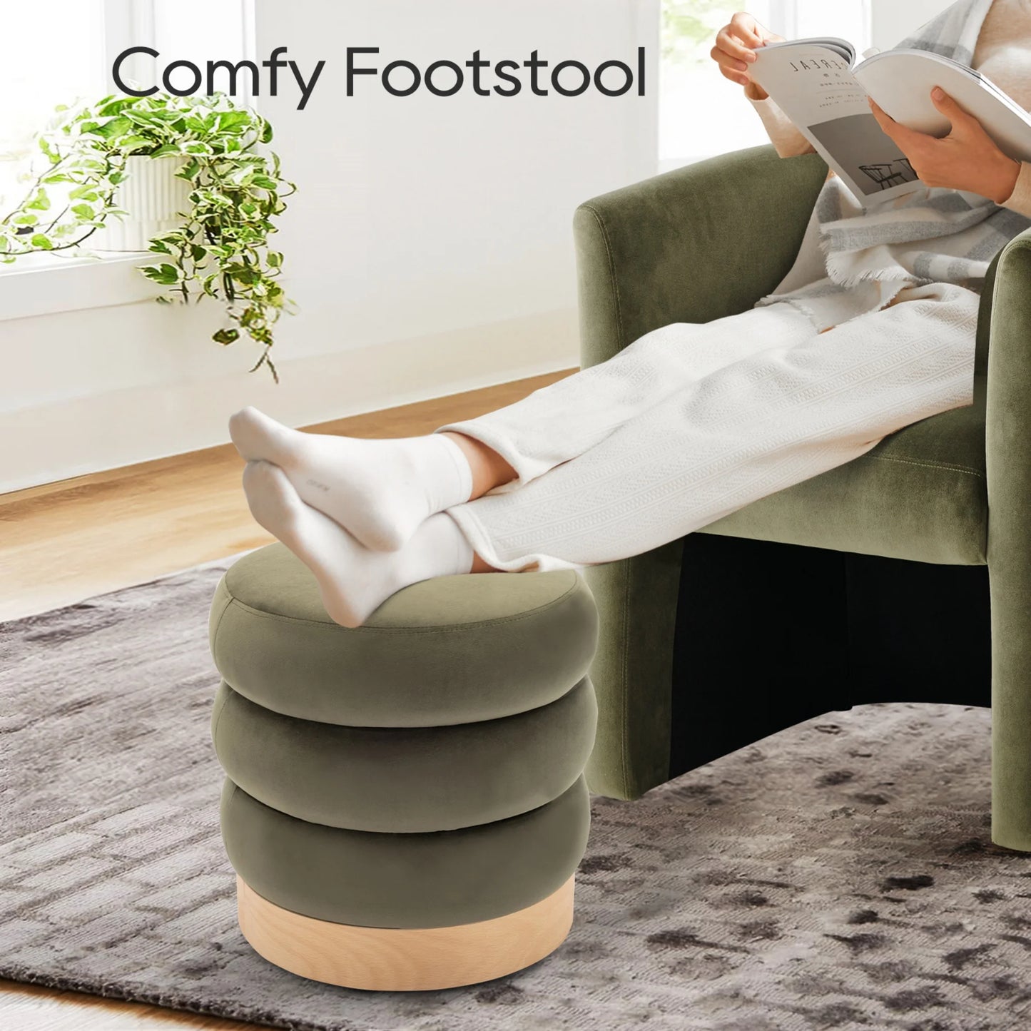 COLAMY Velvet Tufted Ottoman Footstool, Versatile Round Pouf and Side Table - Green
