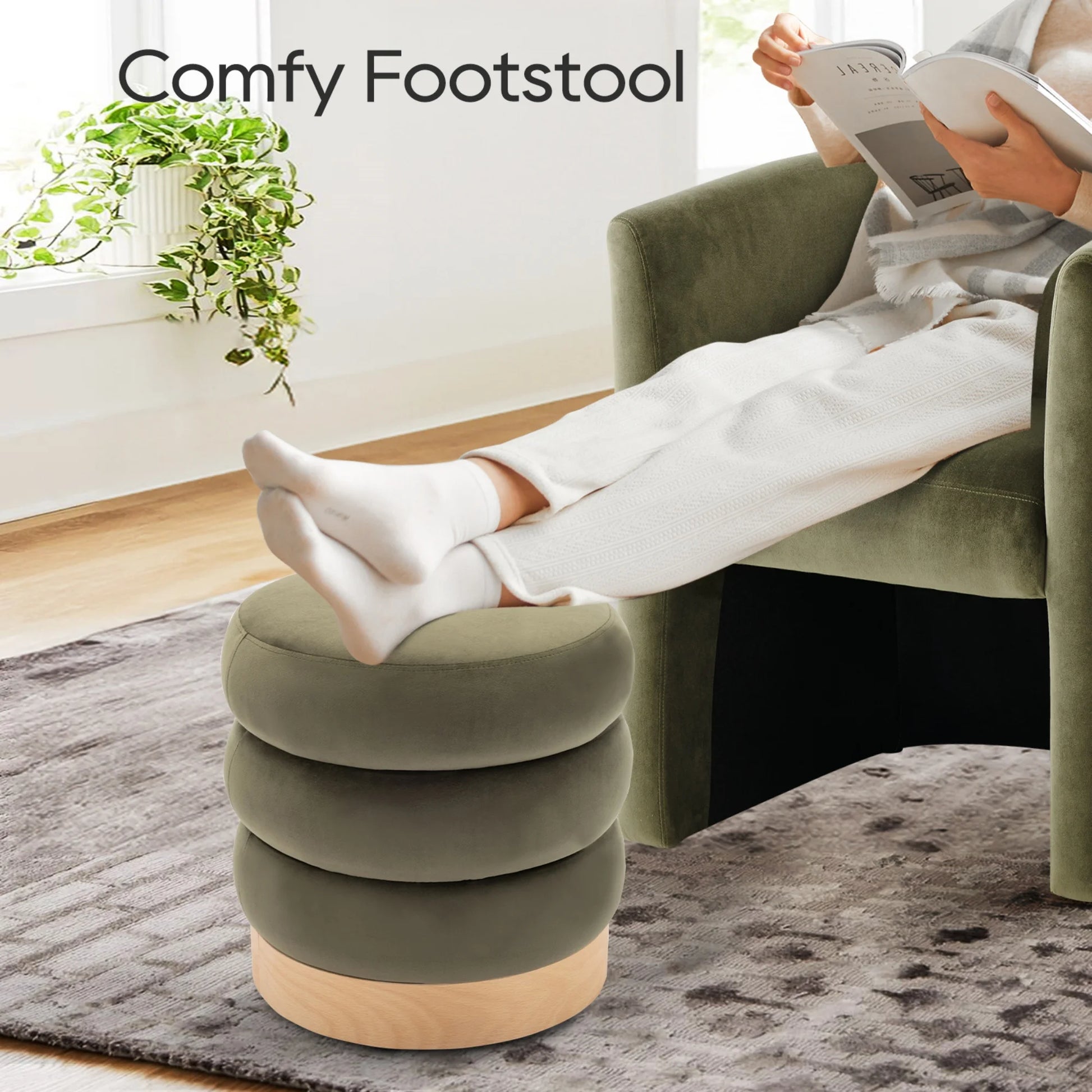 COLAMY Velvet Tufted Ottoman Footstool, Versatile Round Pouf and Side Table - Green