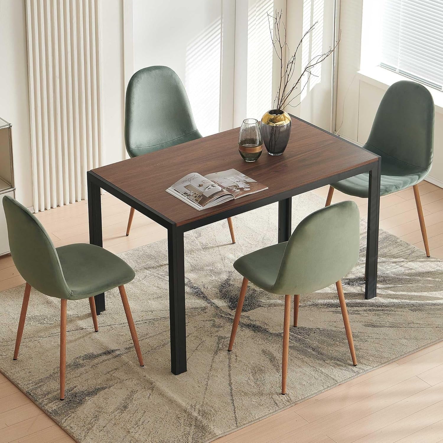 47" Dining Table, 4-Person Indoor Walnut Wood Grain Effect Table with Metal Legs, Rectangular Kitchen Table for Dining Room, Kitchen, Home Office, and Small Spaces