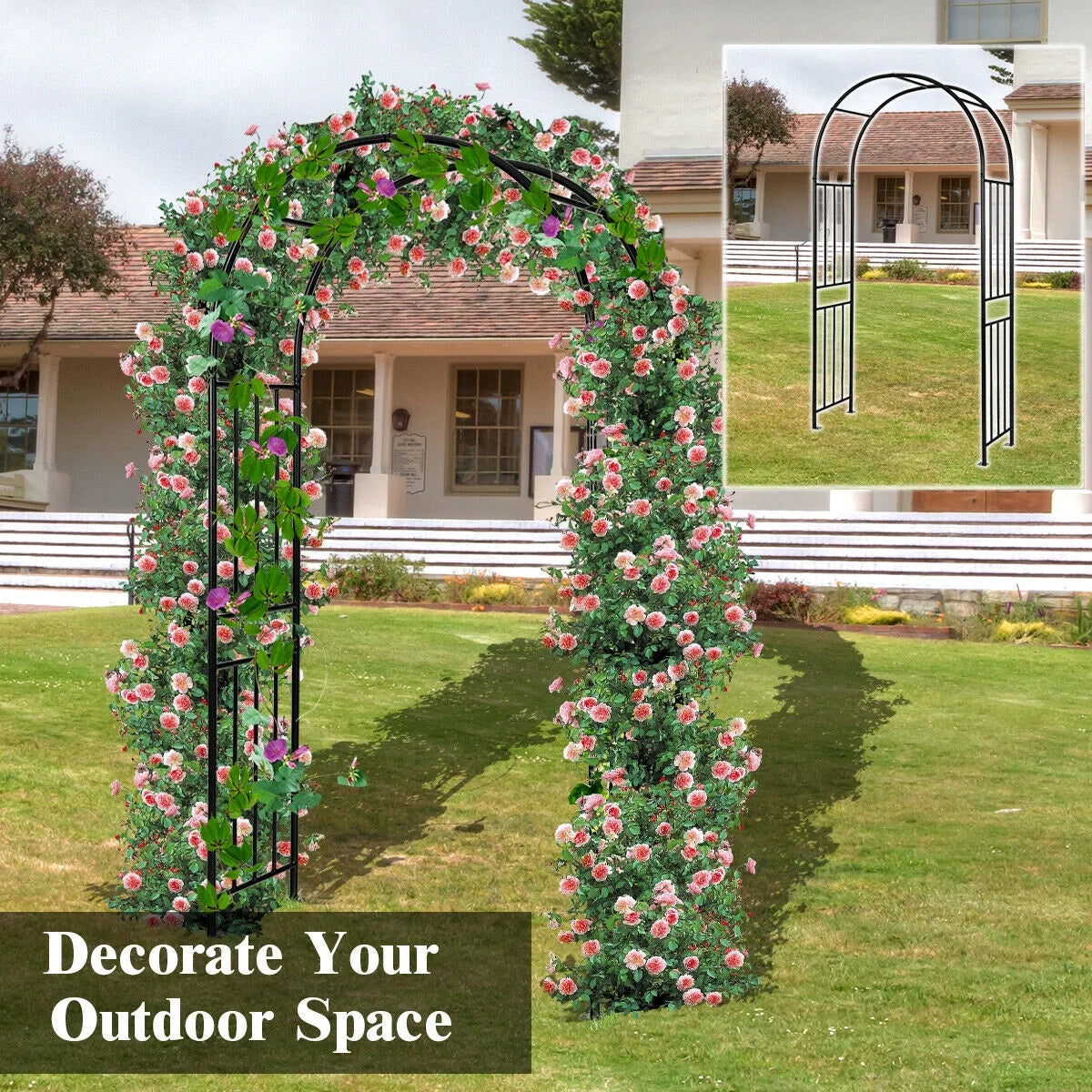 Gymax 7.2Ft Garden Arch Steel Arbor Wedding Garden Decoration Climbing Plants w/Stakes
