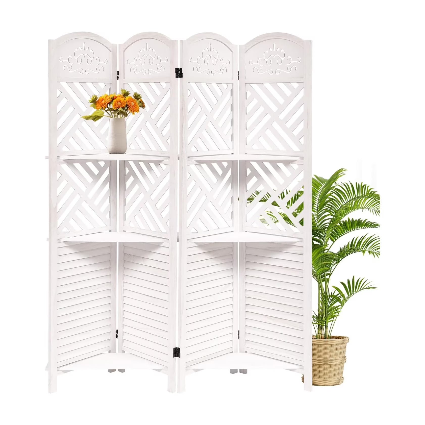 Wooden Room Divider Wall 4 Panel with Holes,5.6FT Tall Room Divider with Shelves,Folding Privacy Screens 67 in for Room Separation Home Office Bedroom