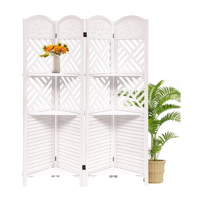 Wooden Room Divider Wall 4 Panel with Holes,5.6FT Tall Room Divider with Shelves,Folding Privacy Screens 67 in for Room Separation Home Office Bedroom