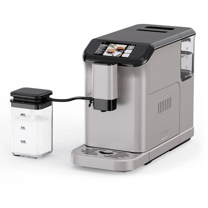 TROPOW Fully Automatic Espresso Machine, Automatic Milk Frother, Coffee Machine with Intuitive Touch Display for Latte, Cappuccino, Iced Coffee, Built-in Grinder, 1.5L Water Tank, for Home Office