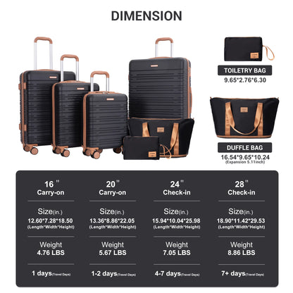 Hardside Luggage Sets 6 Piece, Hardshell Suitcase with TSA Lock Spinner Wheel and Travel Duffle Bag.Black
