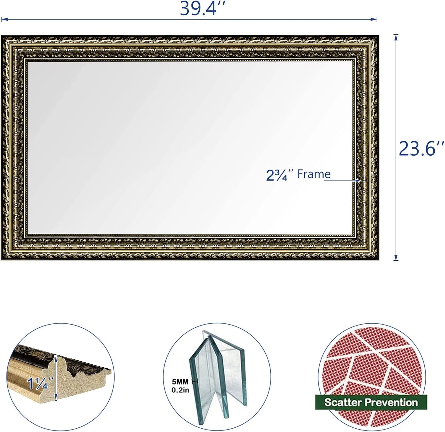 H-A Black& Gold Framed Rectangle Bathroom Mirrors for Wall,Wall Mounted Vintage Mirror Vertical or Horizontal Hanging for Living Room,Bedroom (40''x24''Vintage)