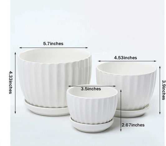 Ceramic Flower pots, White Garden Pots Succulent Cactus Planters with Drainage Saucers, Indoor & Outdoor, Set of 3, Gift for Woman Wife Mother