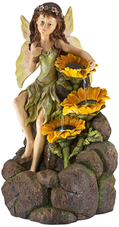 John Timberland Garden Fairy with Sunflowers Modern Cascading Outdoor Floor Water Fountain with LED Light 26" for Yard Garden Patio Home Deck Porch