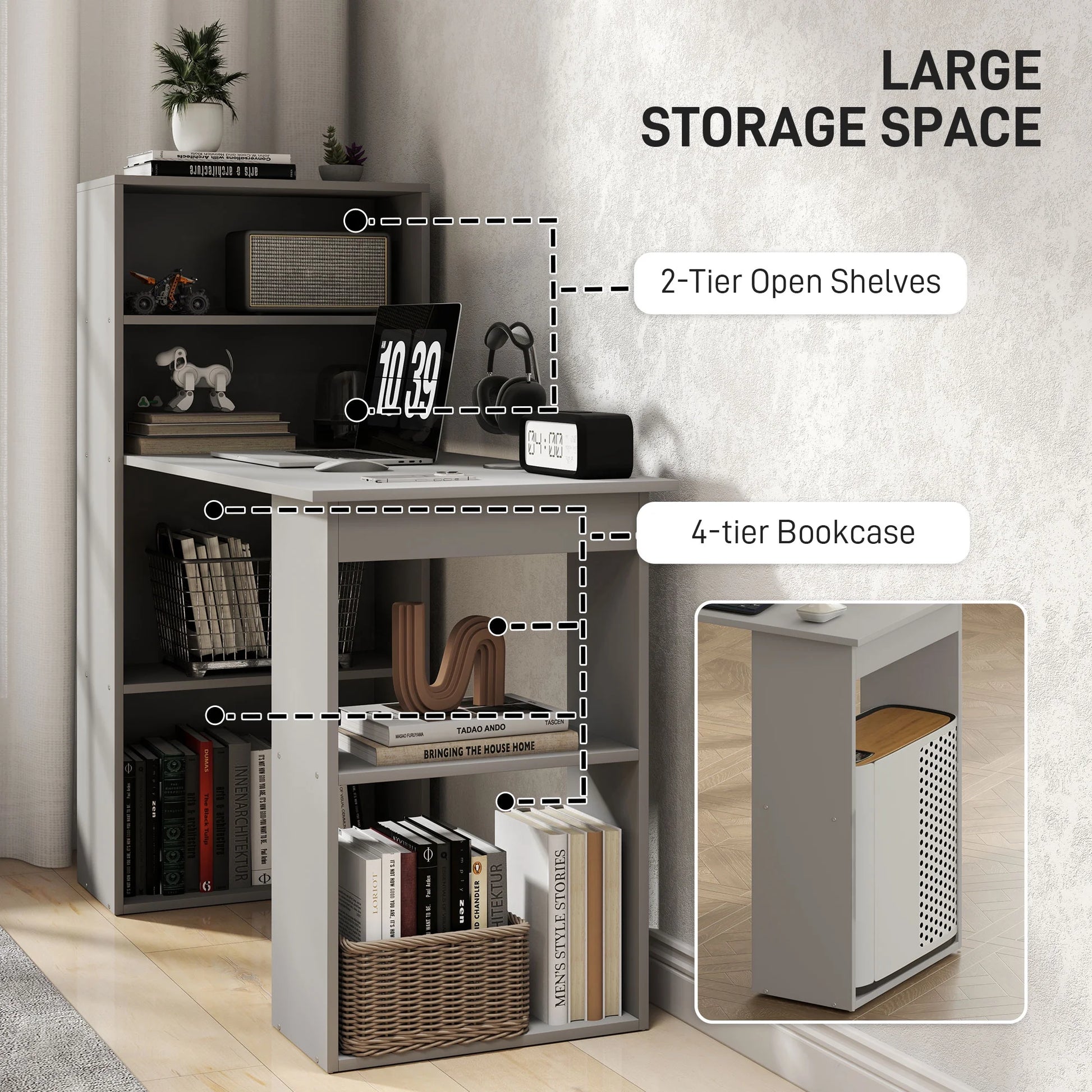 HOMCOM Modern Compact Computer Desk with 6-Tier Storage Shelves, Writing Table Workstation with Bookshelf for Home Office, Gray