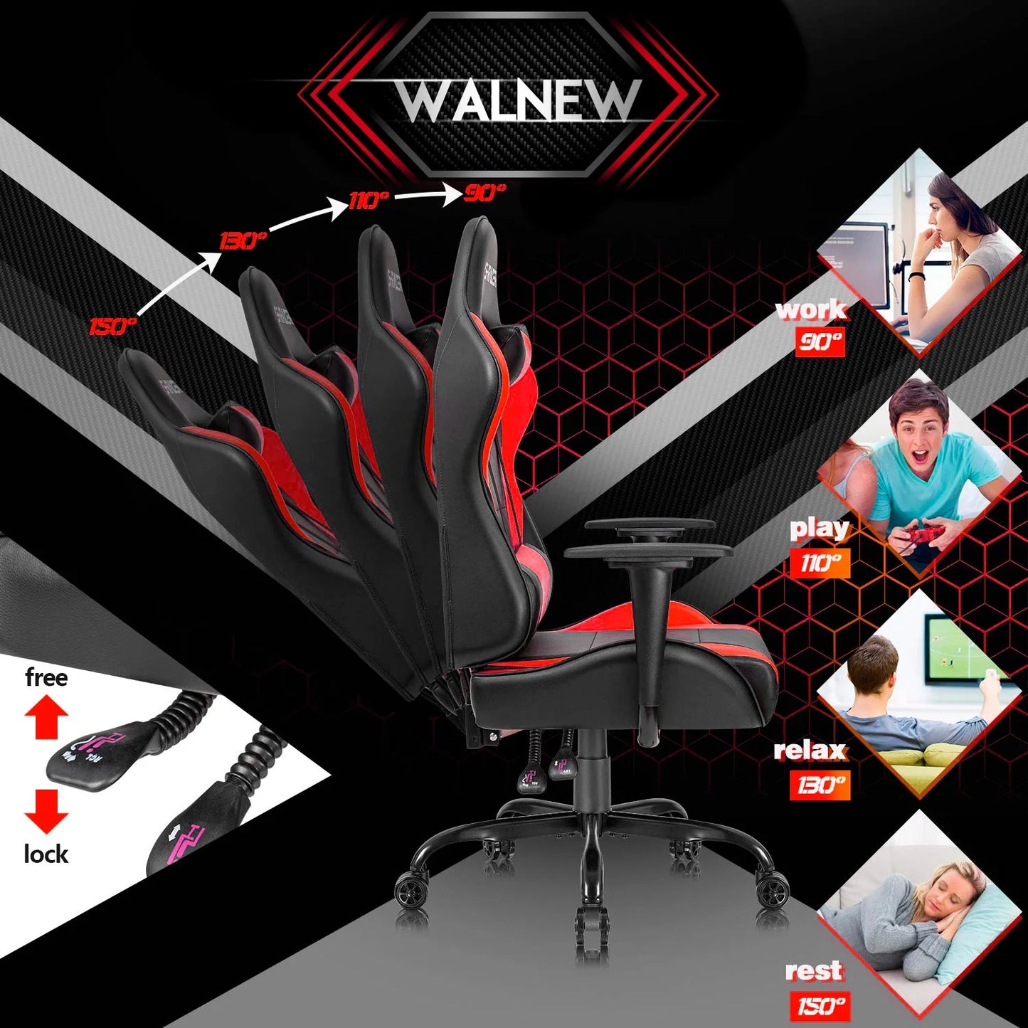 Lacoo Gaming Chair in Home Office PU Leather Reclining Gaming Chair Adjustable Adjustable Headrest and Lumbar Pillow, Red