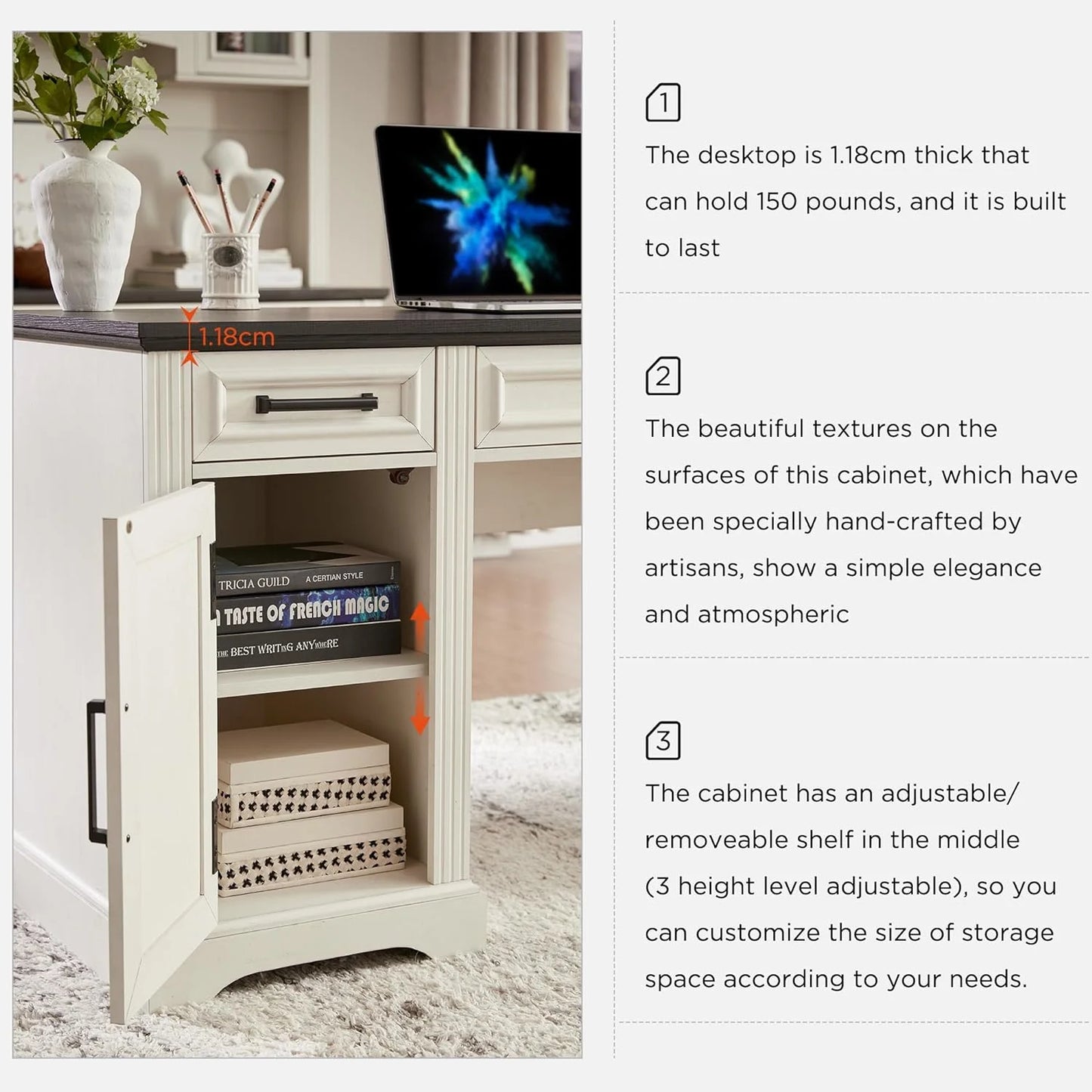 T4TREAM Farmhouse Wood 58" Executive Desk, Home Office 30" High Computer Desk with Drawers and Storage Cabinet, White