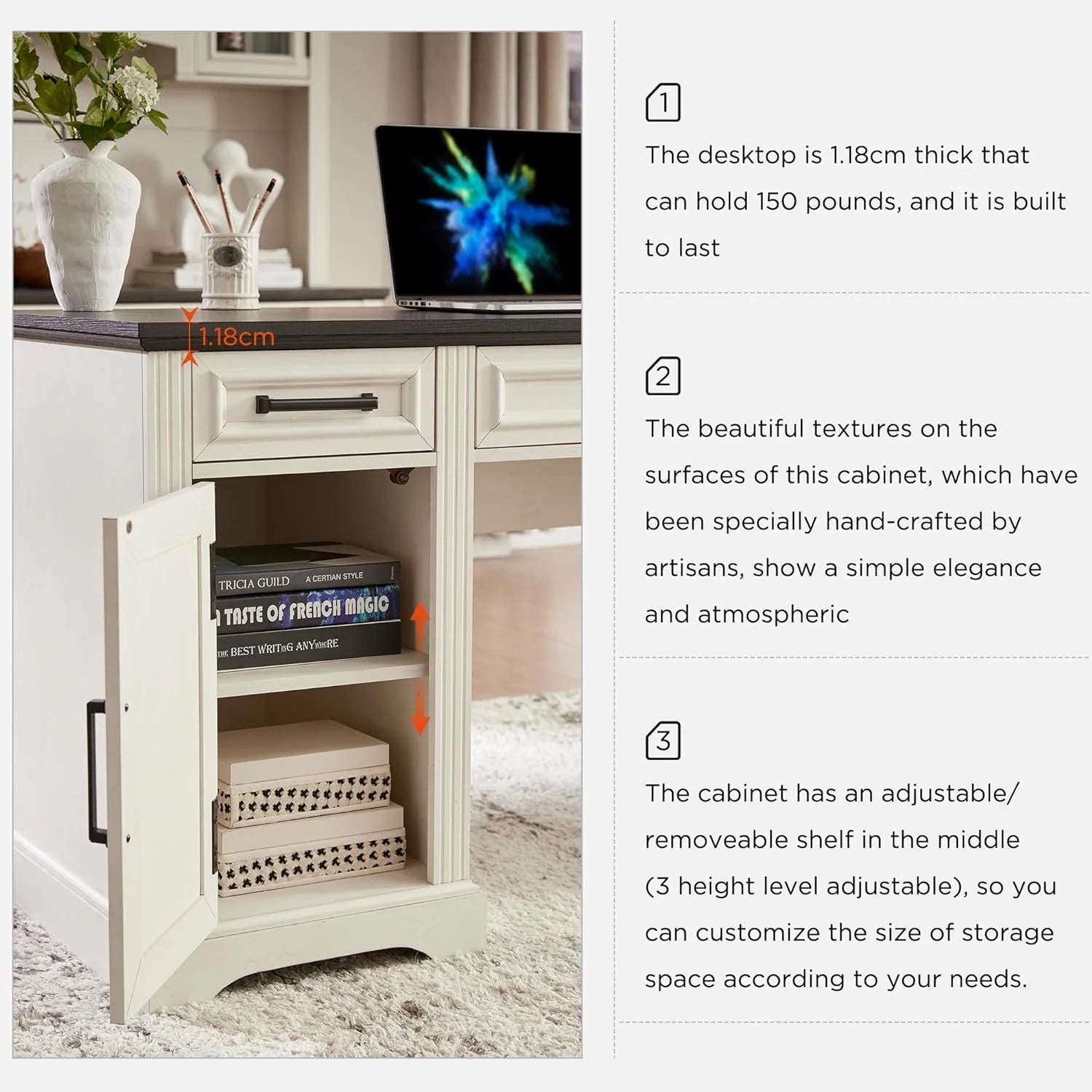 T4TREAM Farmhouse Wood 58" Executive Desk, Home Office 30" High Computer Desk with Drawers and Storage Cabinet, White
