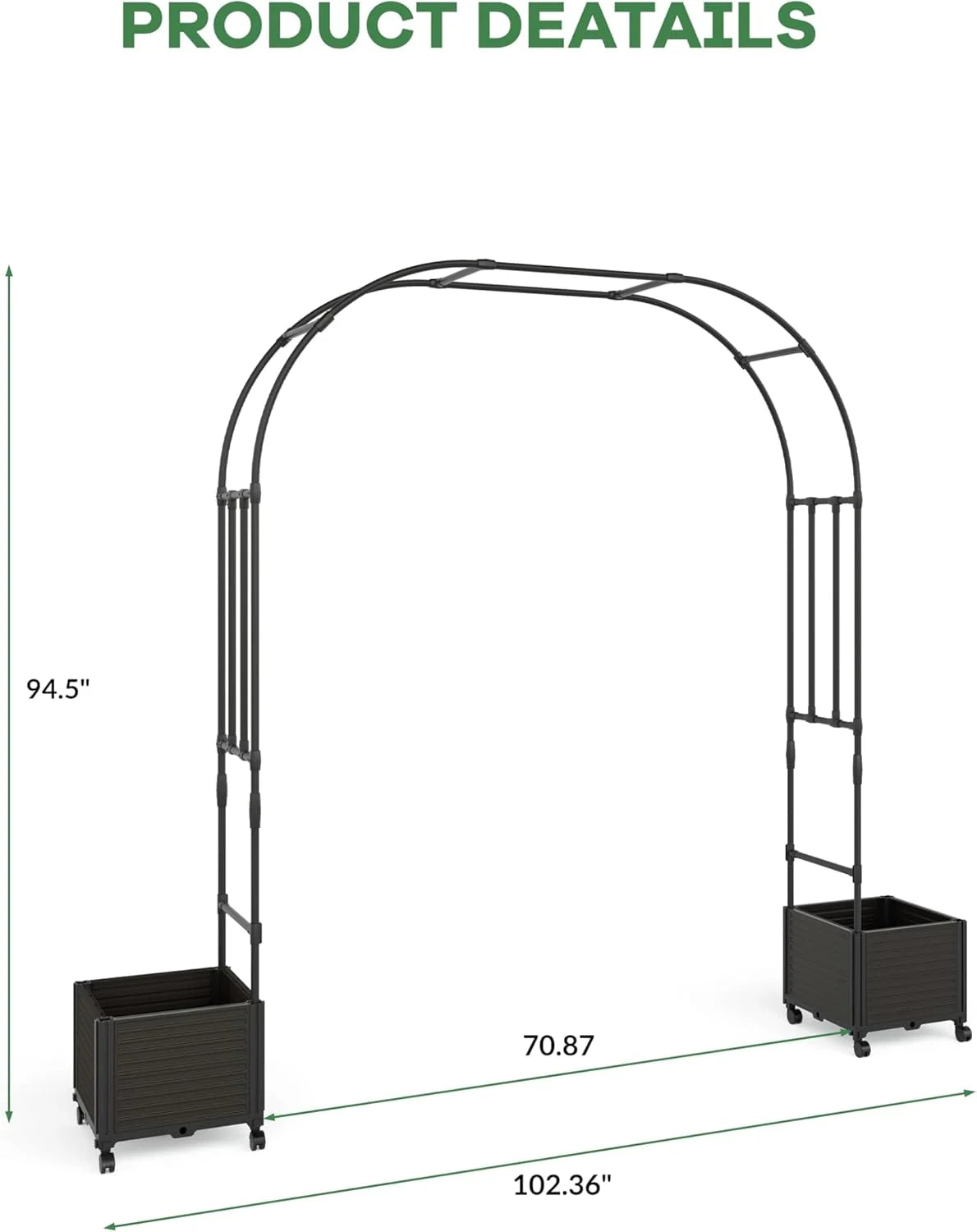 Garvee Metal Garden Arch Trellis for Climbing Plants, 2 Raised Planter Box, 78.73*15.74*94.5", Black
