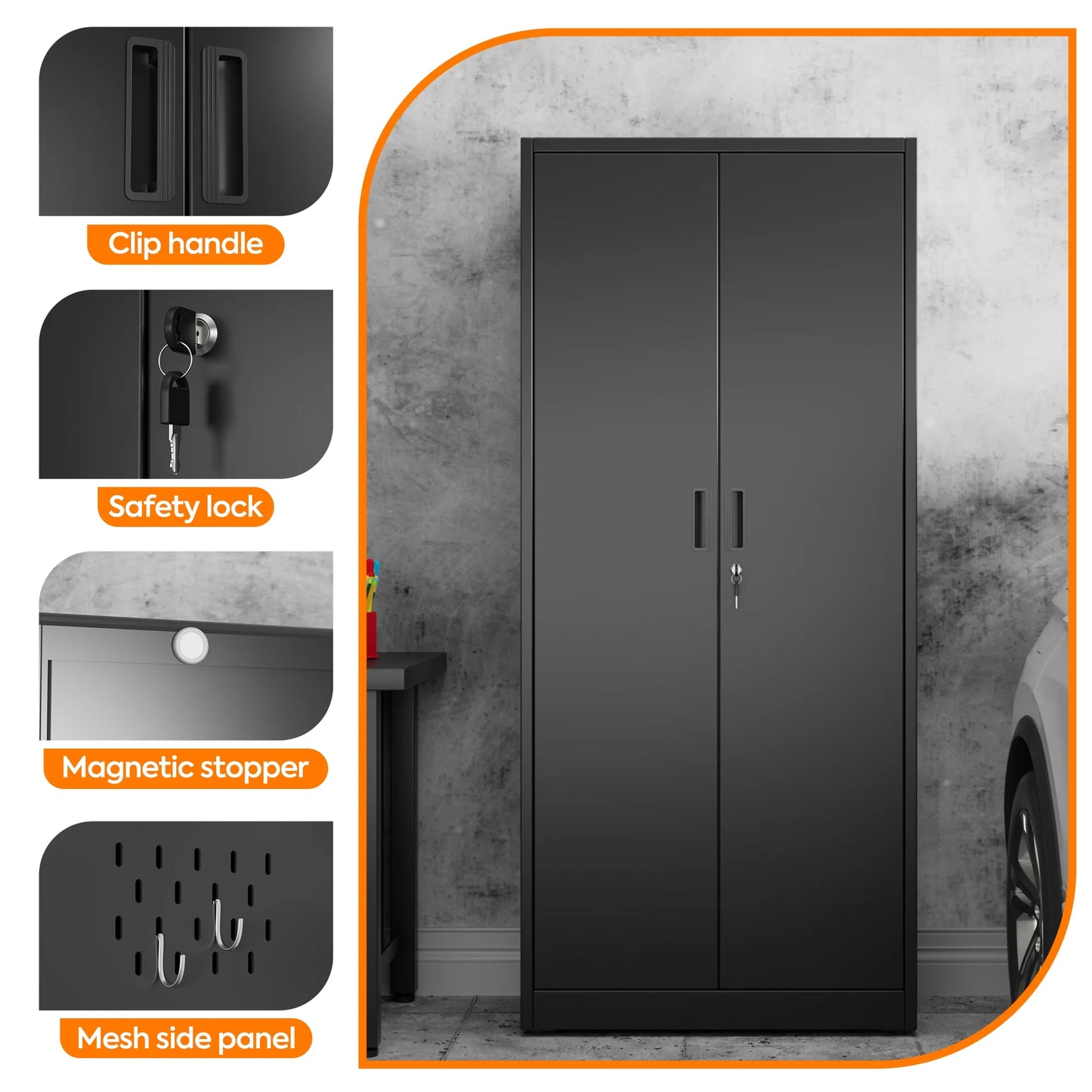 Aobabo 71.41''H Metal Garage Storage Cabinet with Lockable Doors and Hanging Rod,Broom Closet Storage Cabinet with Pegboard and Adjustable Shelves for Home Office School,Required Assembly,Black