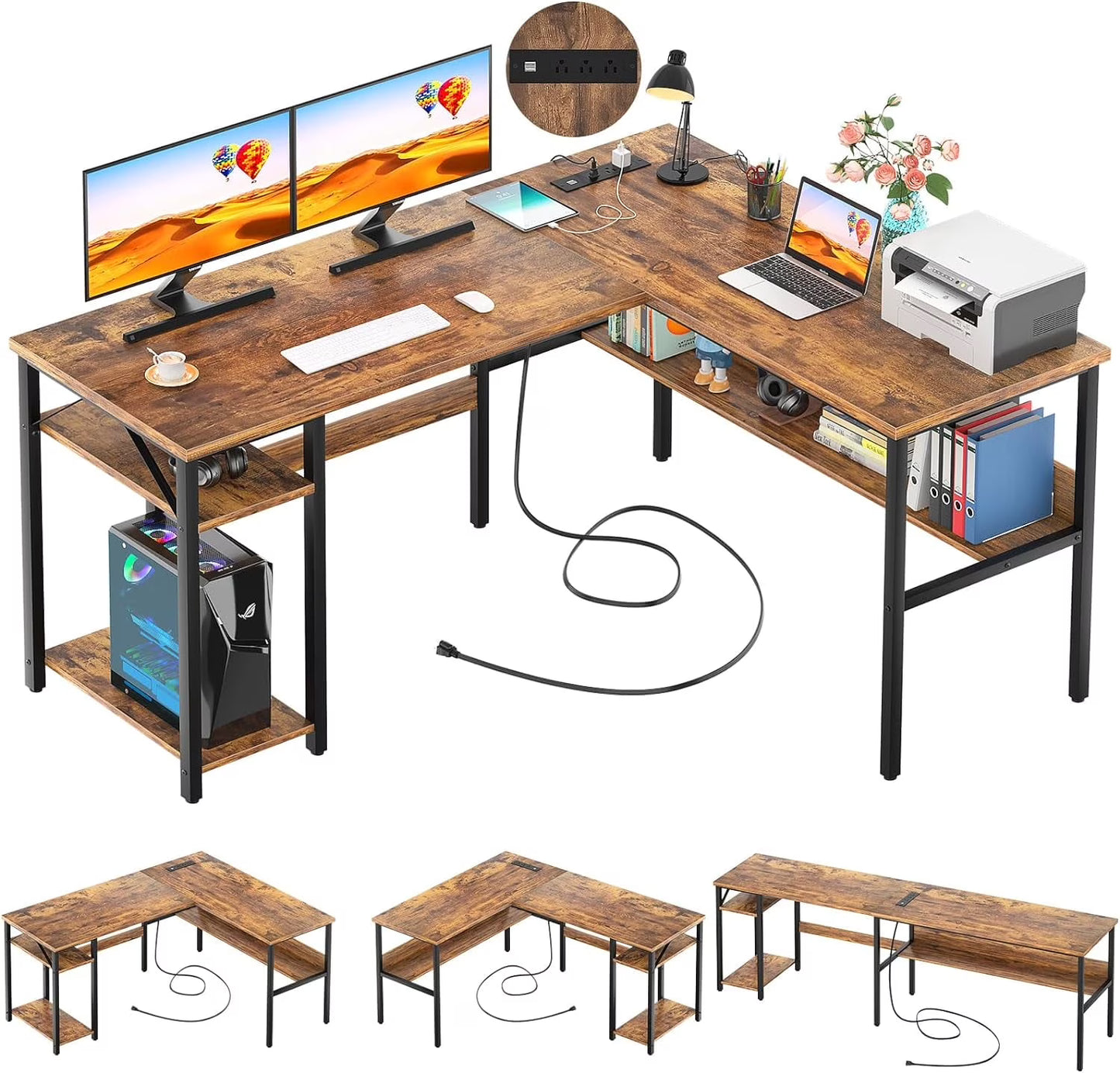 Homieasy Reversible L Shaped Desk with Magic Power Outlets and USB Charging Ports, Sturdy Corner Computer Desk with Storage Shelves, Gaming Table Home Office Desk, Easy to Assemble, Black Oak