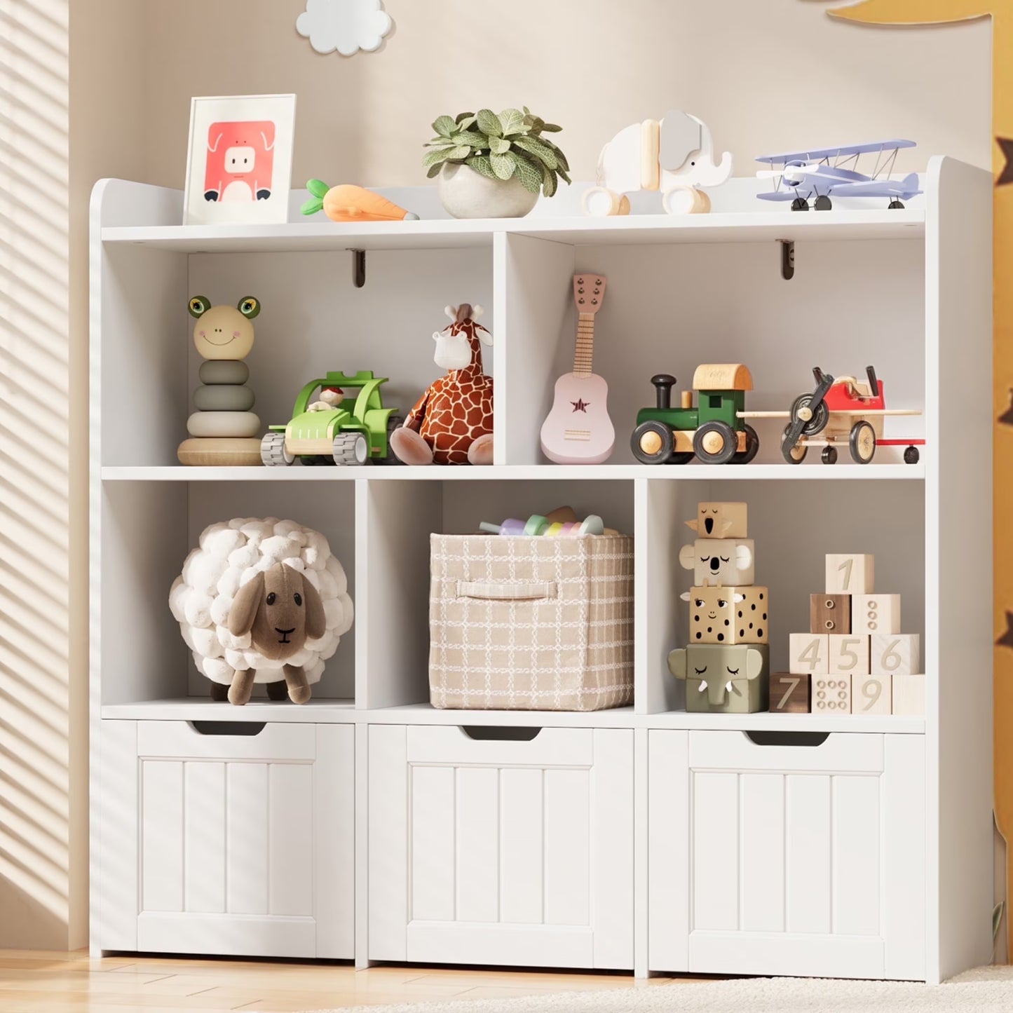 Kids Toy Storage Cabinet with 3 Movable Drawers and 6 Open Shelves, Noelse Kids Bookcase with Storage for Playroom Nursery Kids Room Organization, White