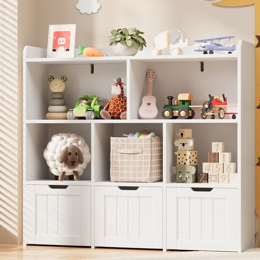 Kids Toy Storage Cabinet with 3 Movable Drawers and 6 Open Shelves, Noelse Kids Bookcase with Storage for Playroom Nursery Kids Room Organization, White