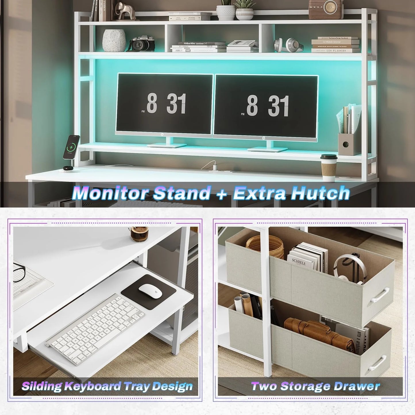 55" Computer Desk with Drawer& Power Outlet, Industrial Home Office Table Gaming Desk PC Study Workstation with Hutch& LED Lights& Adjustable Shelves,White