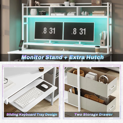 55" Computer Desk with Drawer& Power Outlet, Industrial Home Office Table Gaming Desk PC Study Workstation with Hutch& LED Lights& Adjustable Shelves,White