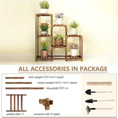 PHANCIR Plant Stand Indoor Outdoor, 7 Pots wood plant flower Shelf Tall Plant Stands for Multiple Plants Large Plant Rack Holder Garden Shelves with accessories for Garden Balcony Patio Living Room