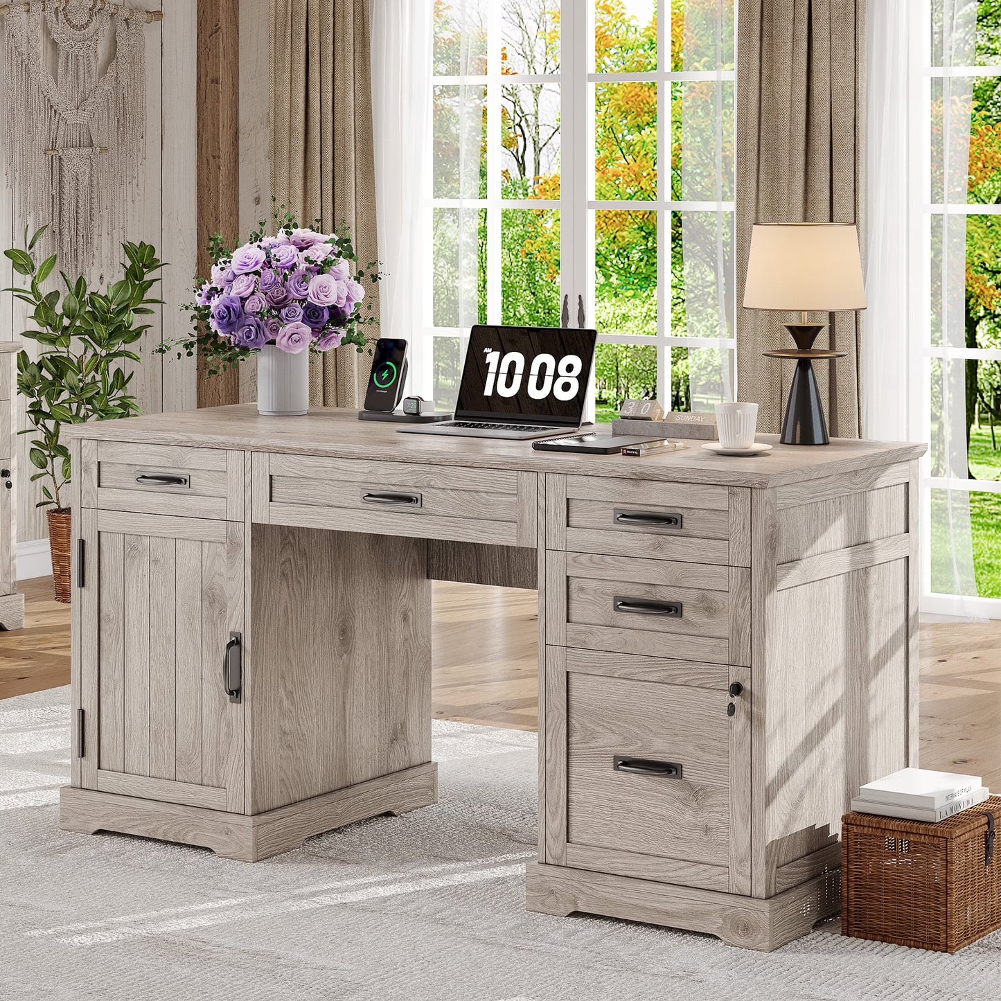 Whalefall 55 in Farmhouse Executive Desk with File Drawer for Adult Home Office, White