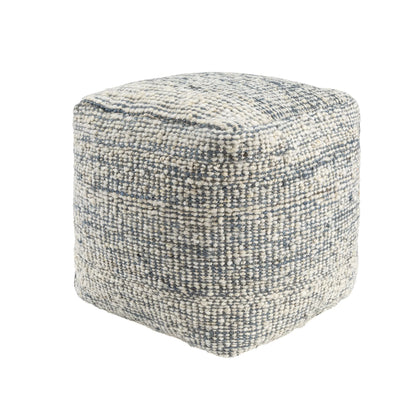 Ox Bay Shiela Square Ivory/Blue Distressed Indoor Pouf Ottoman, 18"H x 18"W