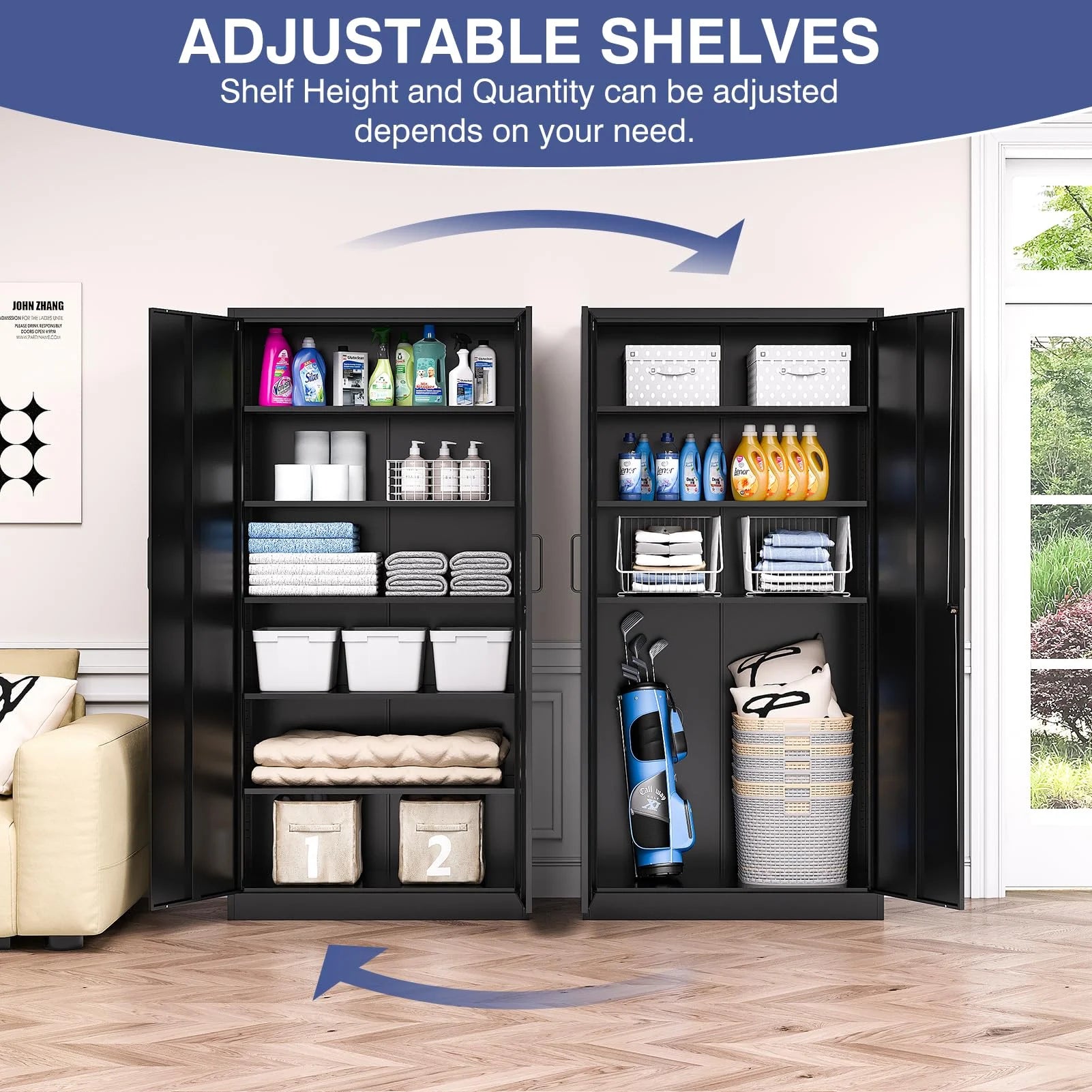 Fesbos Metal Garage Storage Cabinet,Tall Black Cabinet with Doors and Adjustbale Shelves,Lockable Tool Cabinet for Garage, Basement, Home Office