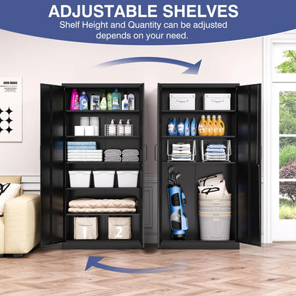 Fesbos Metal Garage Storage Cabinet,Tall Black Cabinet with Doors and Adjustbale Shelves,Lockable Tool Cabinet for Garage, Basement, Home Office