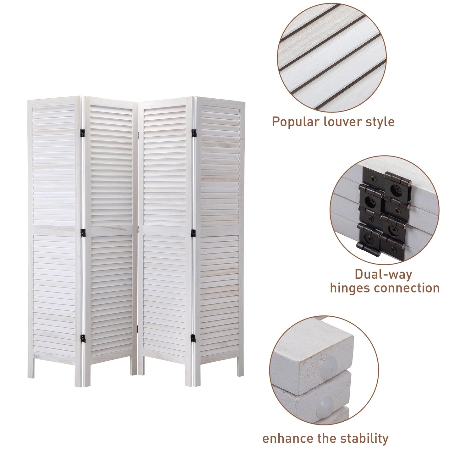 Jaxpety 4 Panel Room Divider Folding Privacy Screen Louvered Partial Partition, Aged White