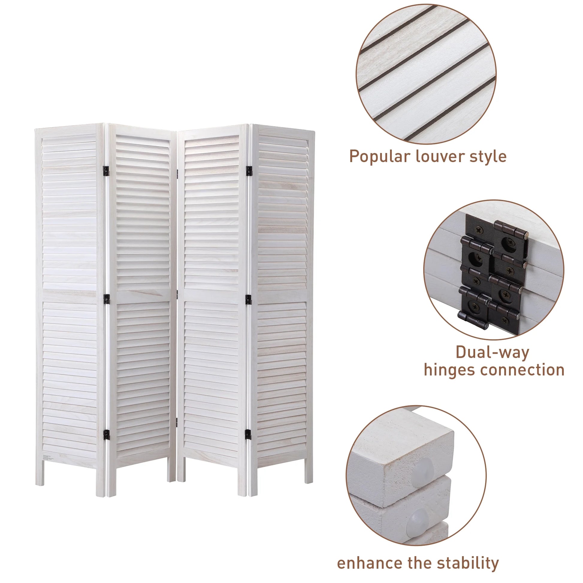 Jaxpety 4 Panel Room Divider Folding Privacy Screen Louvered Partial Partition, Aged White