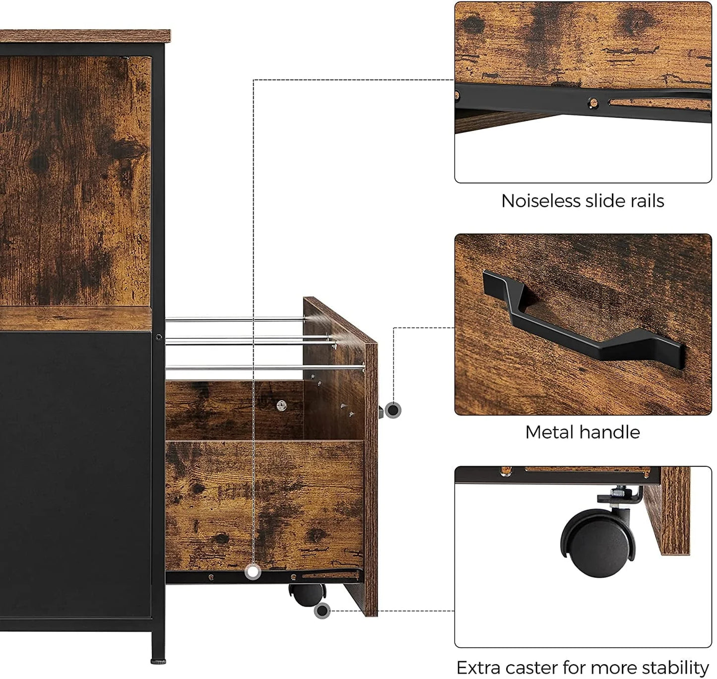VASAGLE Lateral File Cabinet for Home Office, Filing Cabinet with Open Shelves and Drawer, Rustic Brown and Black