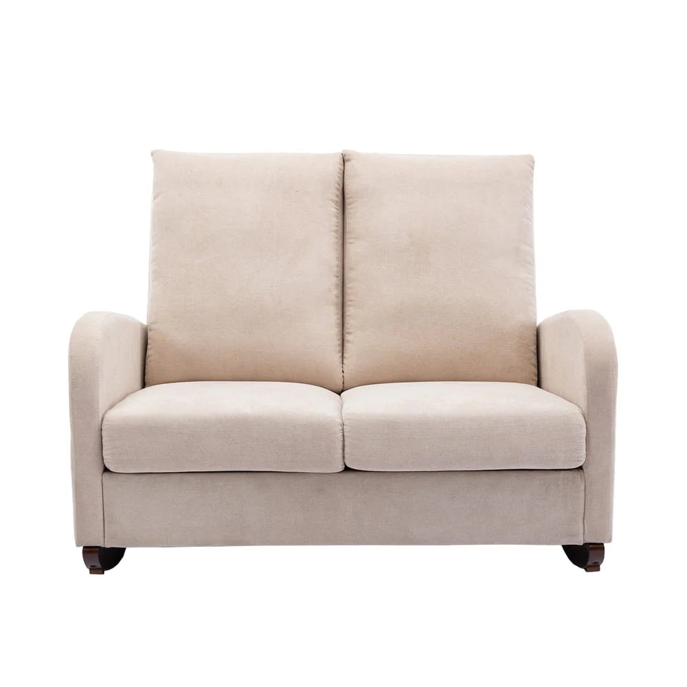 Modern Double Rocking Chair, Upholstered Oversized Glider Rocker for Baby Nursery and Kids, Loveseat Accent Armchair with High Back and Side Pocket, Extra Wide Lounge Chair for Living Room, Beige