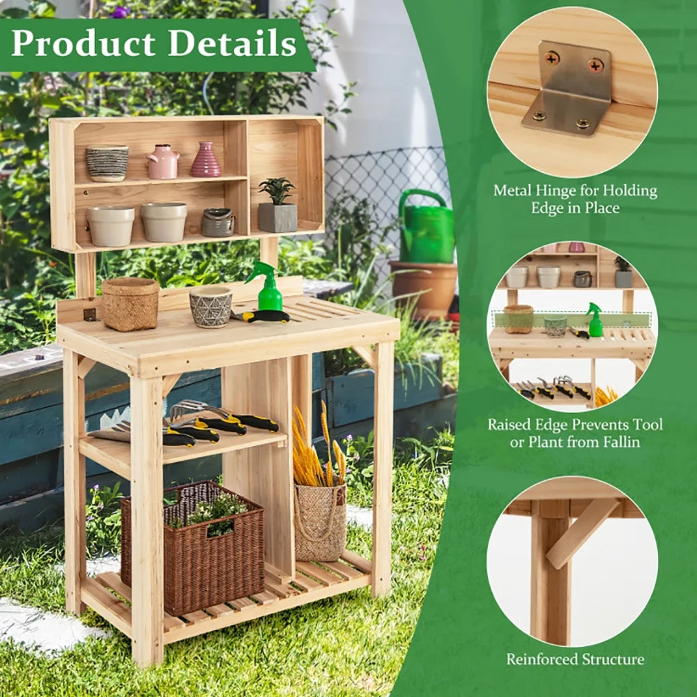 Topcobe Garden Wooden Potting Table Workstation with Storage Shelf, Planters for Outdoor Plants, Raised Planter Box with Legs