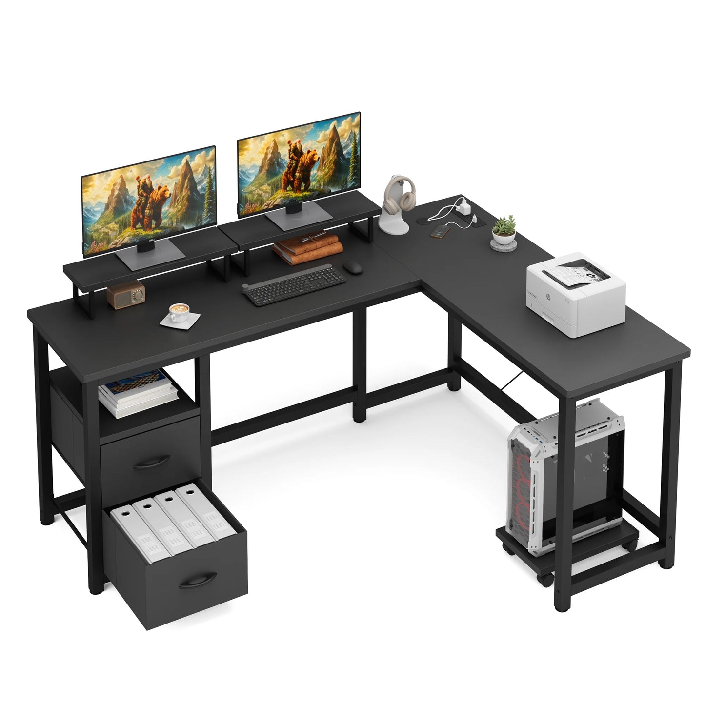 66" L Shaped Computer Desk with Power Outlets, Gaming Desk with Shelf and Drawers for Home Office, Black