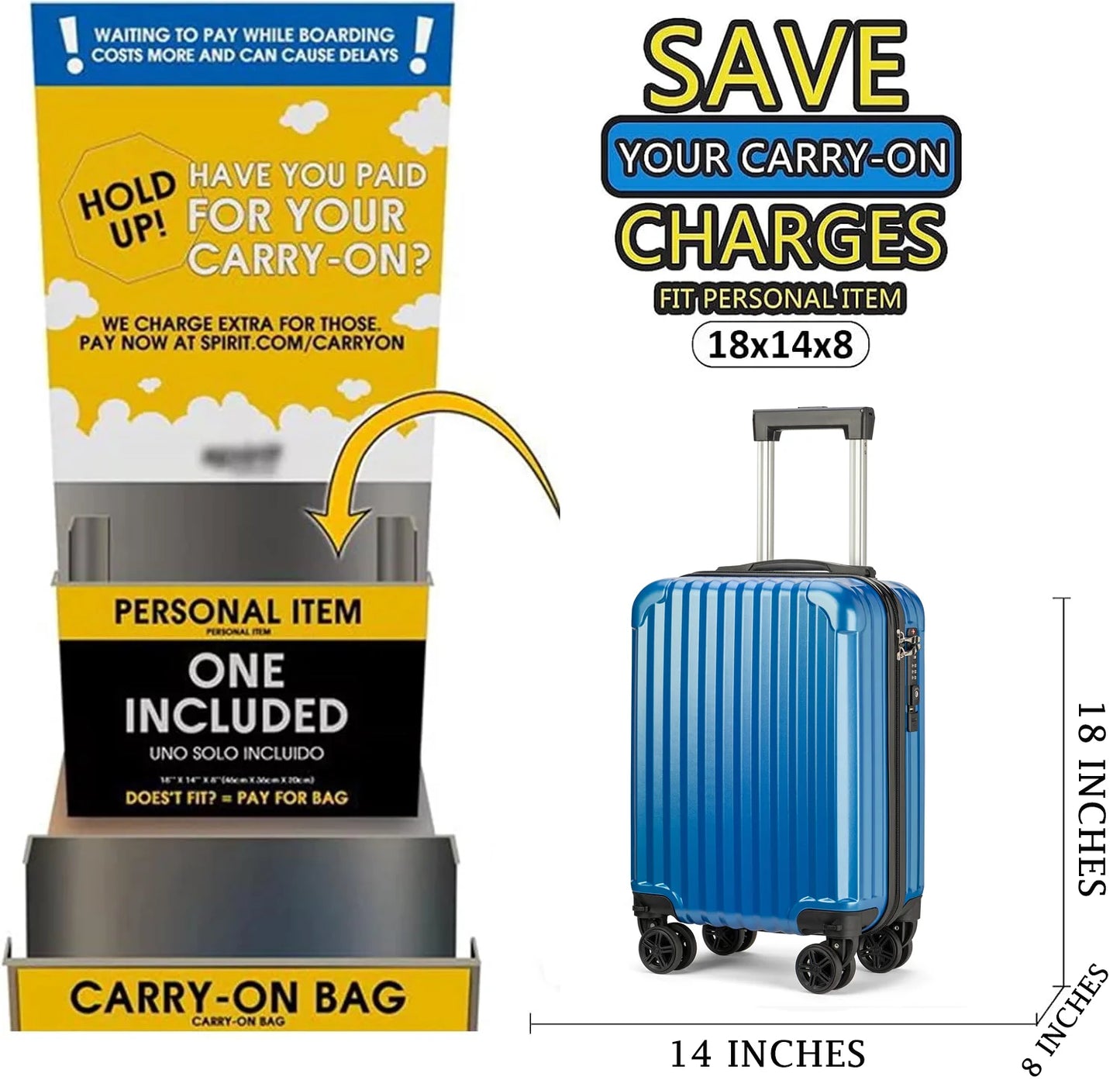 Personal Item Suitcase 18x14x8 Inches Hardside Built In TSA Lock & USB Port Lightweight Luggage With Removable Silent Wheels Underseat Carry-On Bag For Spirit and Frontier and More (Blue)
