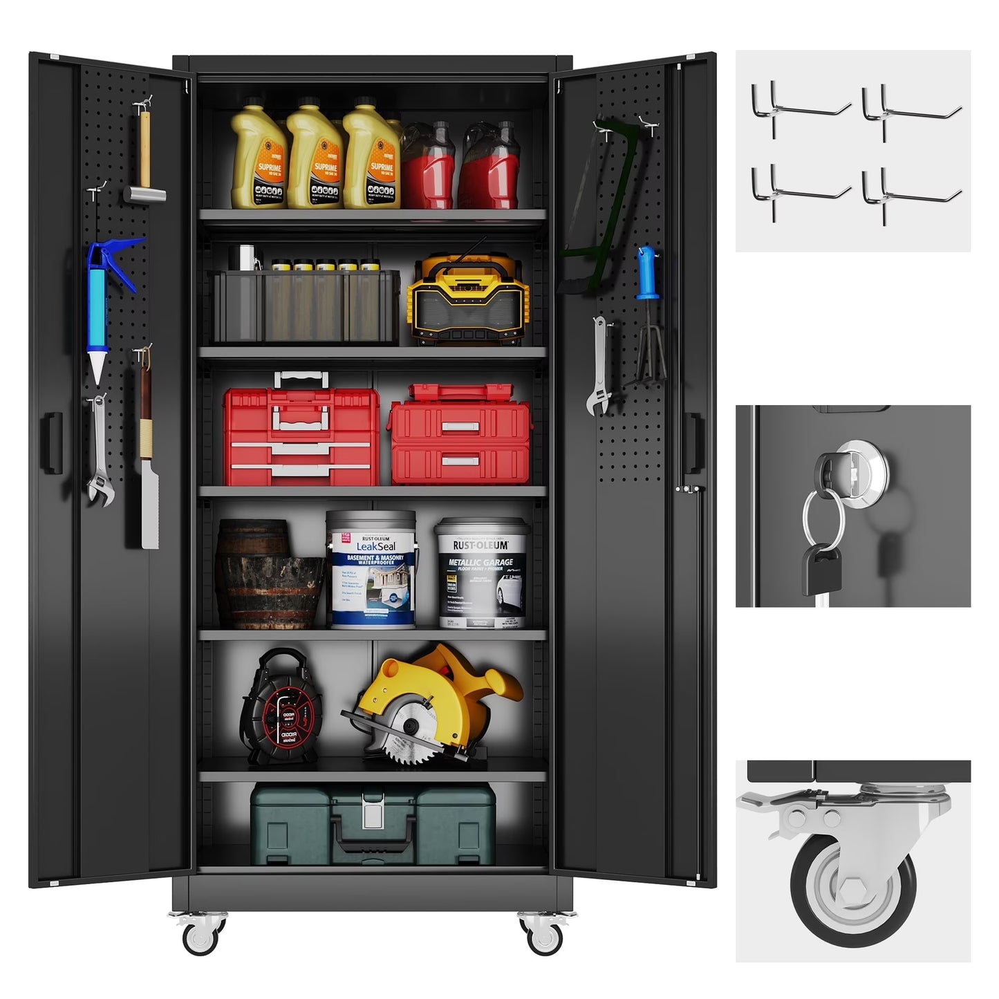 Gaeanet Rolling Tool Storage Cabinet with 5 Adjustable Shelves and Pegboard,Metal Garage Storage Cabinet with Wheels for Garage Home Office Utility Room,71" H32" W16" D,Required Assembly, Black