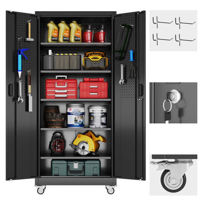 Gaeanet Rolling Tool Storage Cabinet with 5 Adjustable Shelves and Pegboard,Metal Garage Storage Cabinet with Wheels for Garage Home Office Utility Room,71" H32" W16" D,Required Assembly, Black