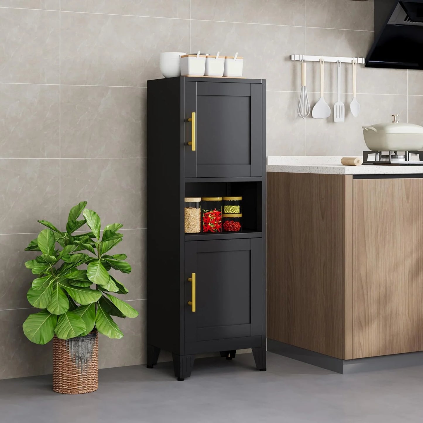 47.24" H Metal Narrow Bathroom Storage Cabinet Pantry Storage Cabinet, 2 Adjustable Shelves for Kitchen, Home Office, Living Room, Dinning Room (Black)