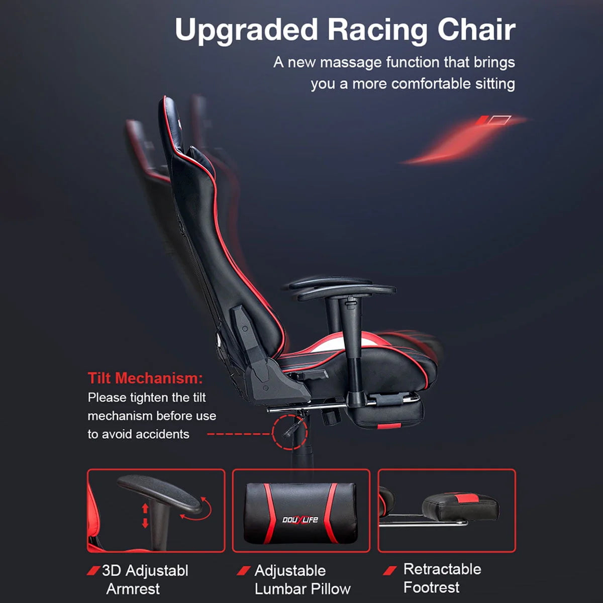 Douxlife Massage Gaming Chair with Footrest, 175° Reclining, Ergonomic Racing High Back Home Office Computer Chair, Video Game Chair for Adluts