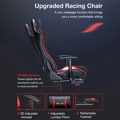 Douxlife Massage Gaming Chair with Footrest, 175° Reclining, Ergonomic Racing High Back Home Office Computer Chair, Video Game Chair for Adluts