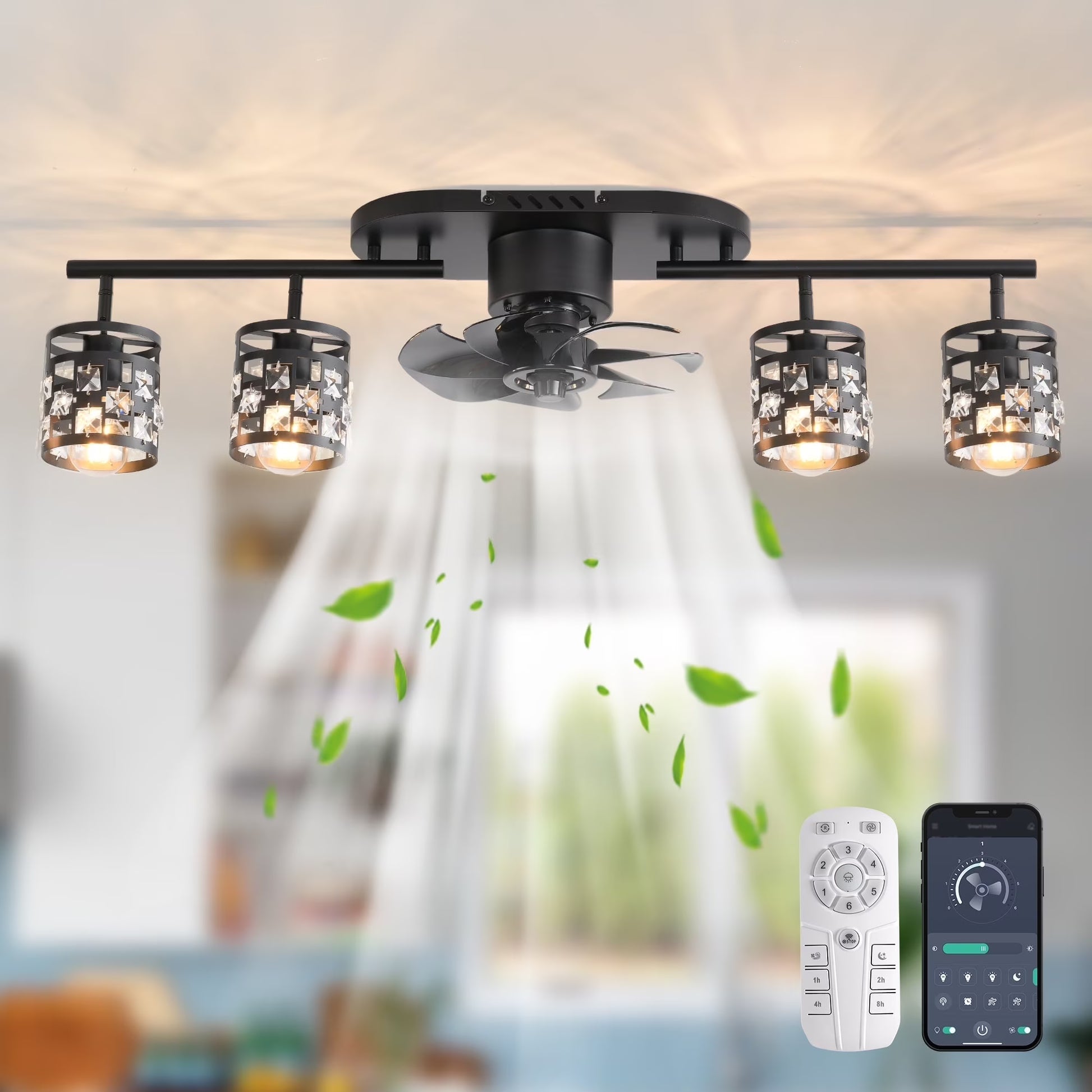 Garwarm 19.6'' Caged Ceiling Fan with Lights, Black Industrial Bladeless Ceiling Fans with Remote, Flush Mount Low Profile Ceiling Fan Fixtures for Home Office,Kitchen, Bedroom,Assembly Require