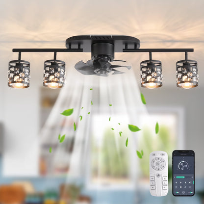 Garwarm 19.6'' Caged Ceiling Fan with Lights, Black Industrial Bladeless Ceiling Fans with Remote, Flush Mount Low Profile Ceiling Fan Fixtures for Home Office,Kitchen, Bedroom,Assembly Require
