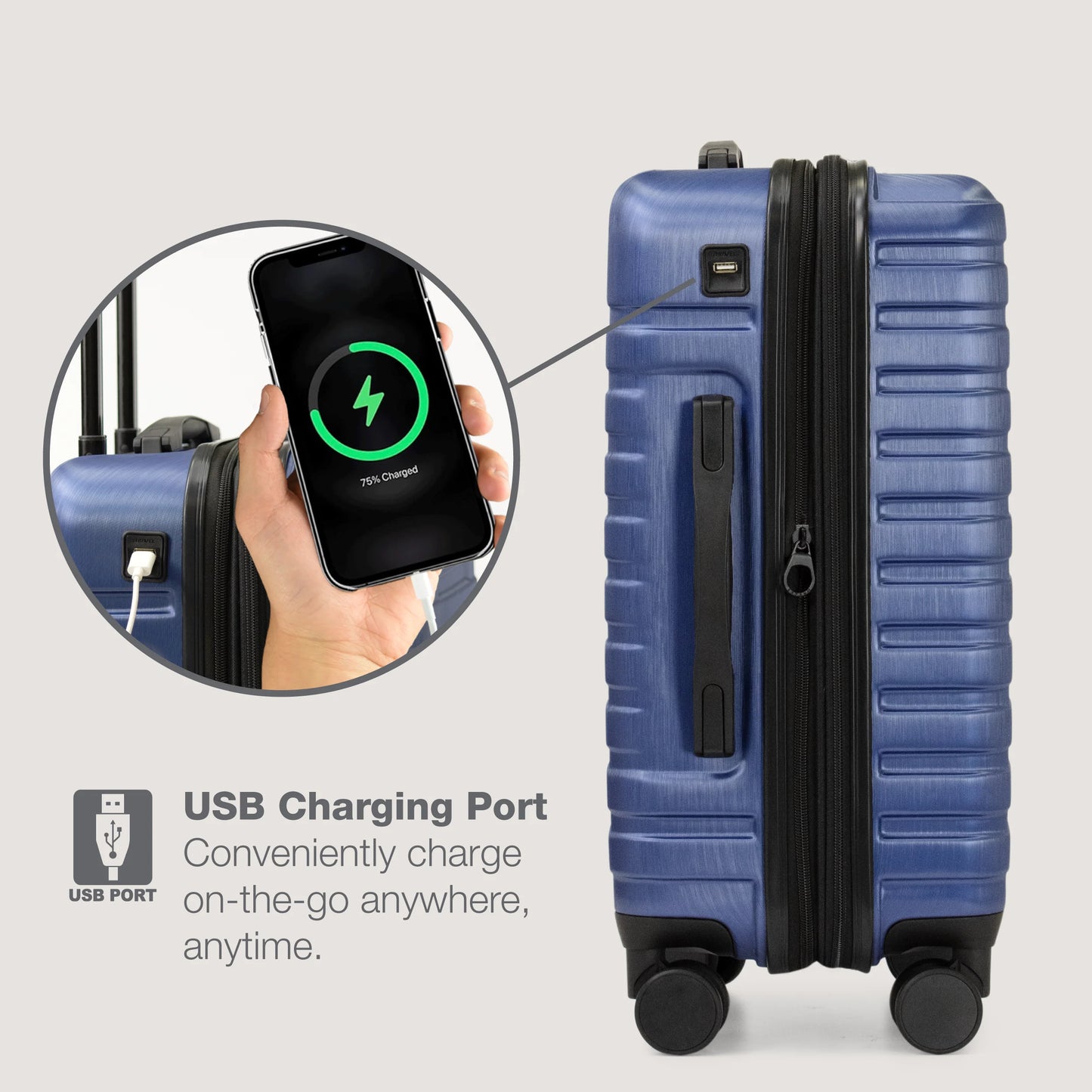 U.S. Traveler Boren Hardside Rugged Spinner Luggage Set w/USB Port, Navy, 3-Piece (22/26/30)