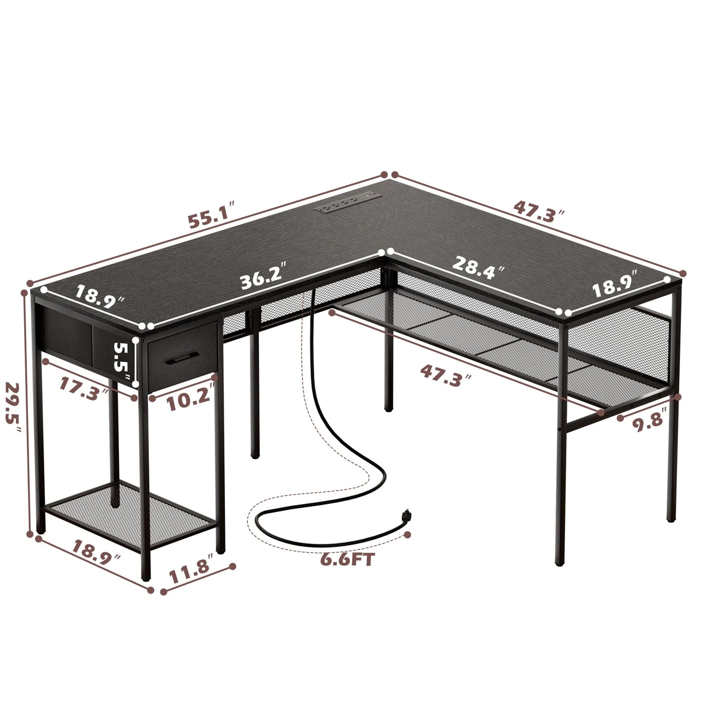 SUPERJARE L Shaped Desk with Power Outlets, Reversible Computer Desk with Storage Shelves & Drawer, Corner Laptops Home Office Desk, Workstation, Black