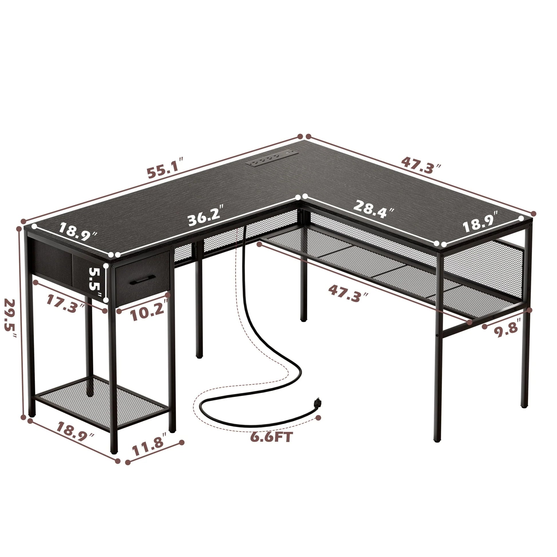 SUPERJARE L Shaped Desk with Power Outlets, Reversible Computer Desk with Storage Shelves & Drawer, Corner Laptops Home Office Desk, Workstation, Black