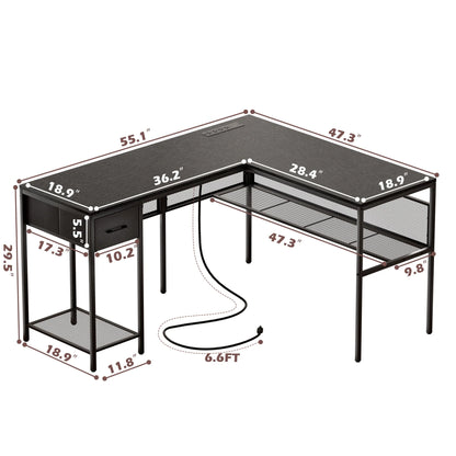 SUPERJARE L Shaped Desk with Power Outlets, Reversible Computer Desk with Storage Shelves & Drawer, Corner Laptops Home Office Desk, Workstation, Black