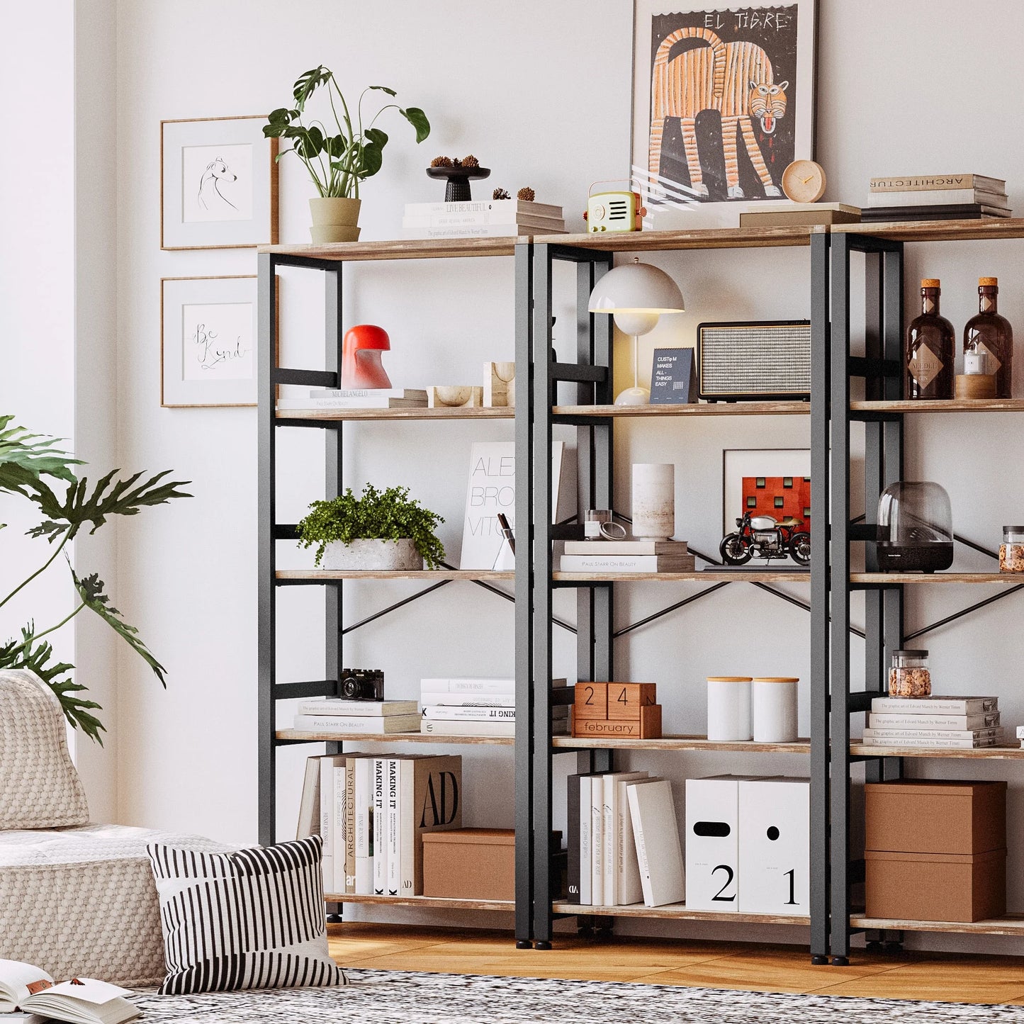 IRONCK 5 Tier Bookshelves and Bookcases, Industrial Shelf for Home Office Decor, Vintage Brown